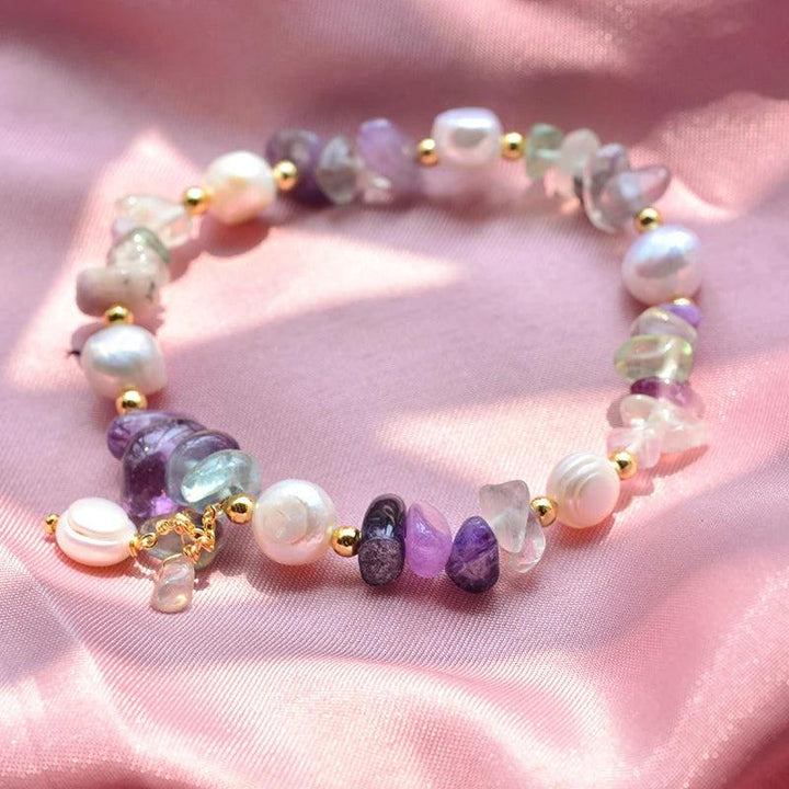 100% Natural Freshwater Pearl & Purple Crystal 14K Gold Filled Charm Bracelet for Women, featuring baroque pearls and amethyst.