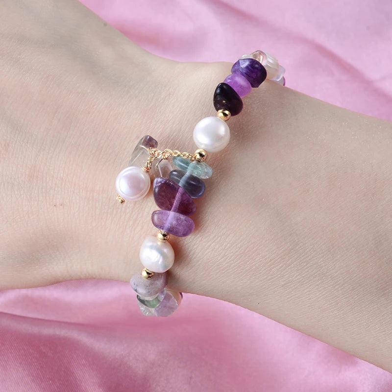 100% Natural Freshwater Pearl & Purple Crystal 14K Gold Filled Female Charm Bracelet. Elegant, no-fade jewelry for women.