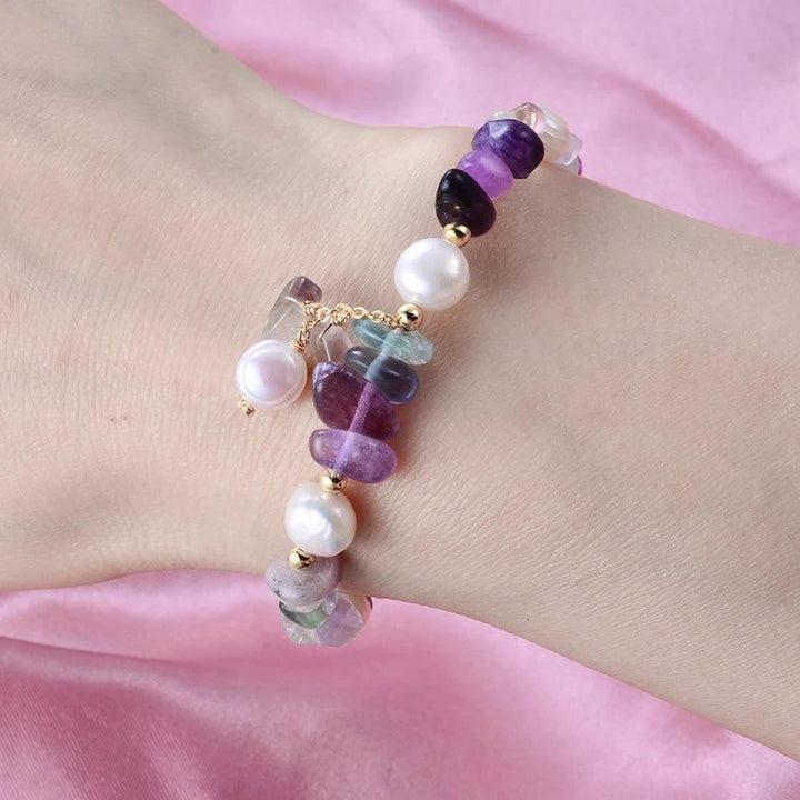 100% Natural Freshwater Pearl & Purple Crystal 14K Gold Filled Female Charm Bracelet. Elegant, no-fade jewelry for women.