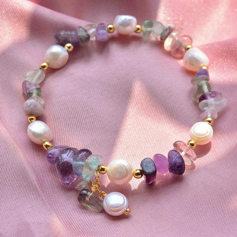 Natural Freshwater Pearl & Purple Crystal 14K Gold Filled Charm Bracelet for women, featuring baroque pearls and colorful crystal chips.