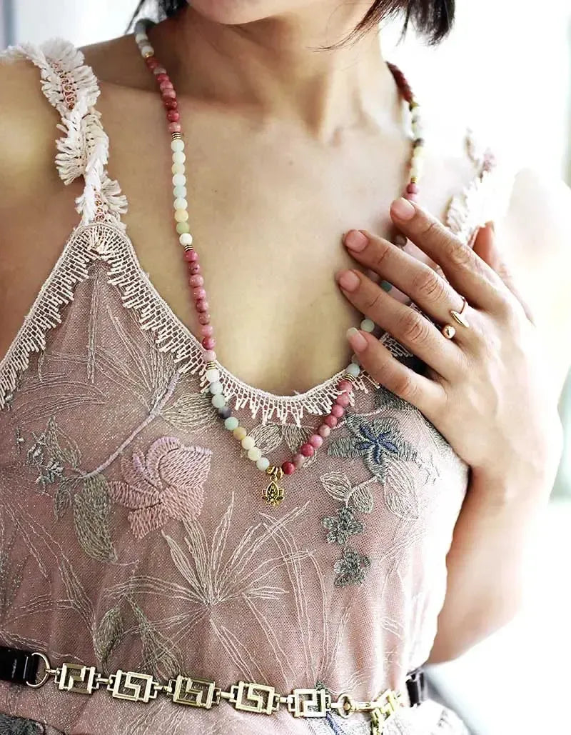 108 Beads Natural Agate Lotus Charm Mala Necklace-Malas-Ali-Agates-27"-Crystal Destiny