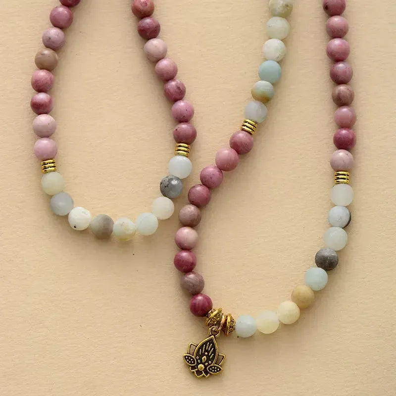 108 Beads Natural Agate Lotus Charm Mala Necklace-Malas-Ali-Agates-27"-Crystal Destiny
