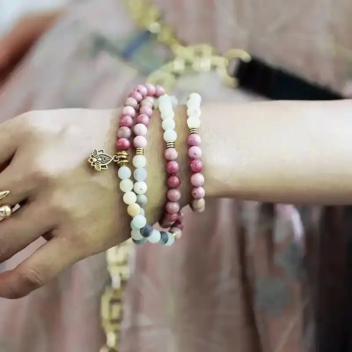 108 Beads Natural Agate Lotus Mala Necklace-Malas-Ali-Agates-27"-Crystal Destiny