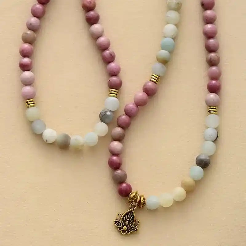 108 Beads Natural Agate Lotus Mala Necklace-Malas-Ali-Agates-27"-Crystal Destiny