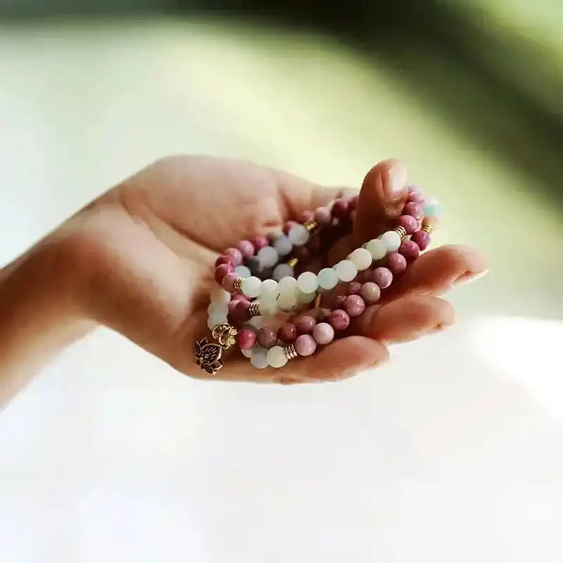 108 Beads Natural Agate Lotus Mala Necklace-Malas-Ali-Agates-27"-Crystal Destiny