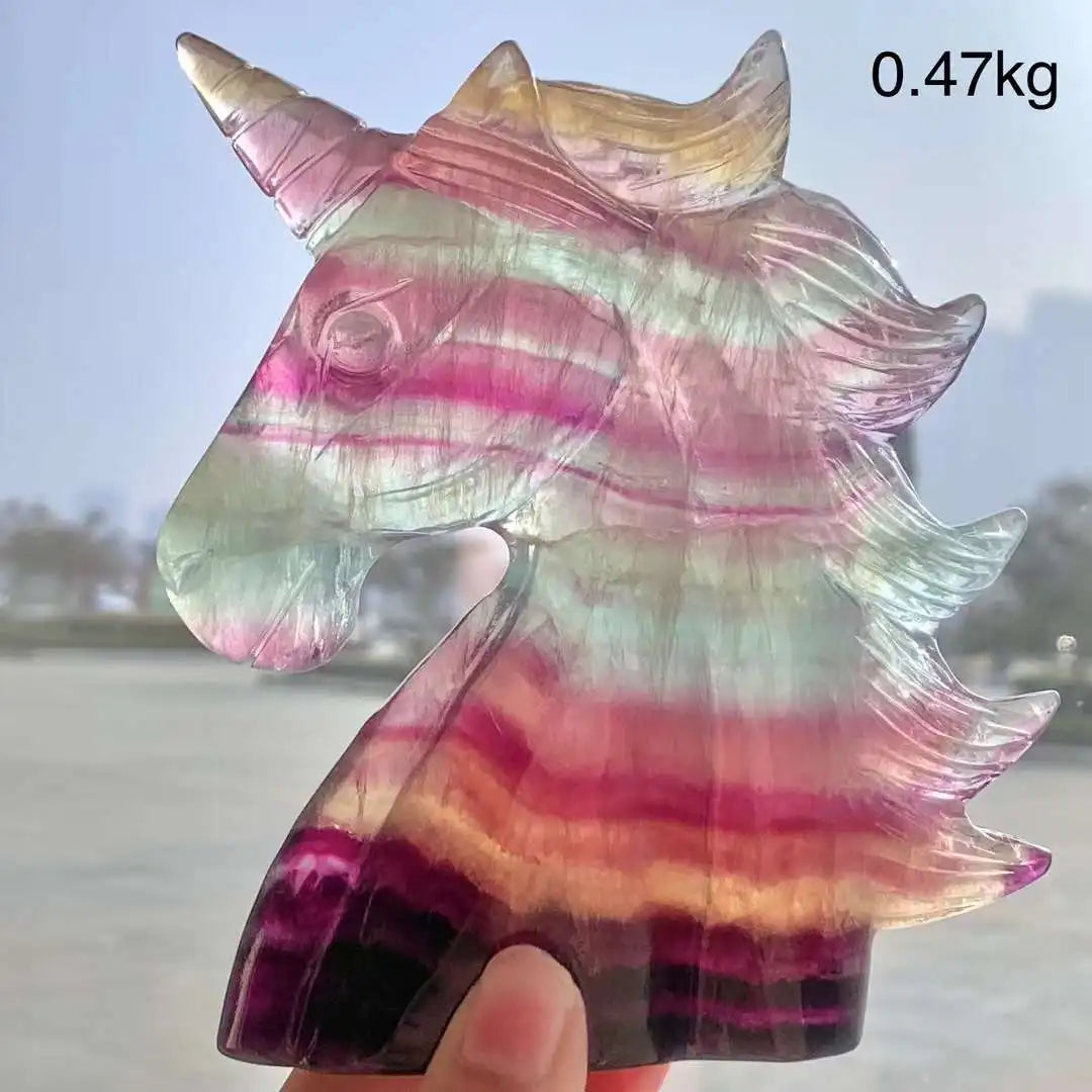 Vibrant rainbow fluorite unicorn carving, a 12CM natural stone crystal figurine for aesthetic decor.