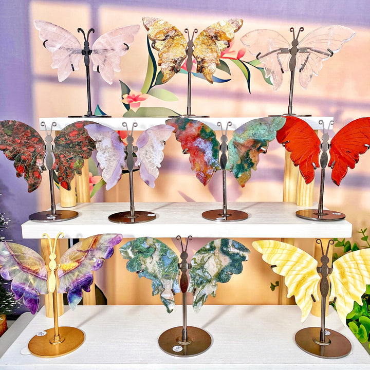 Multimaterial crystal butterfly wings with stands, featuring vibrant colors and natural healing properties, perfect for decor or gifts.