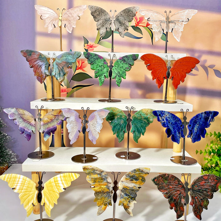 Multimaterial crystal butterfly wings with stands, a vibrant decoration set and healing crystal gift for women.