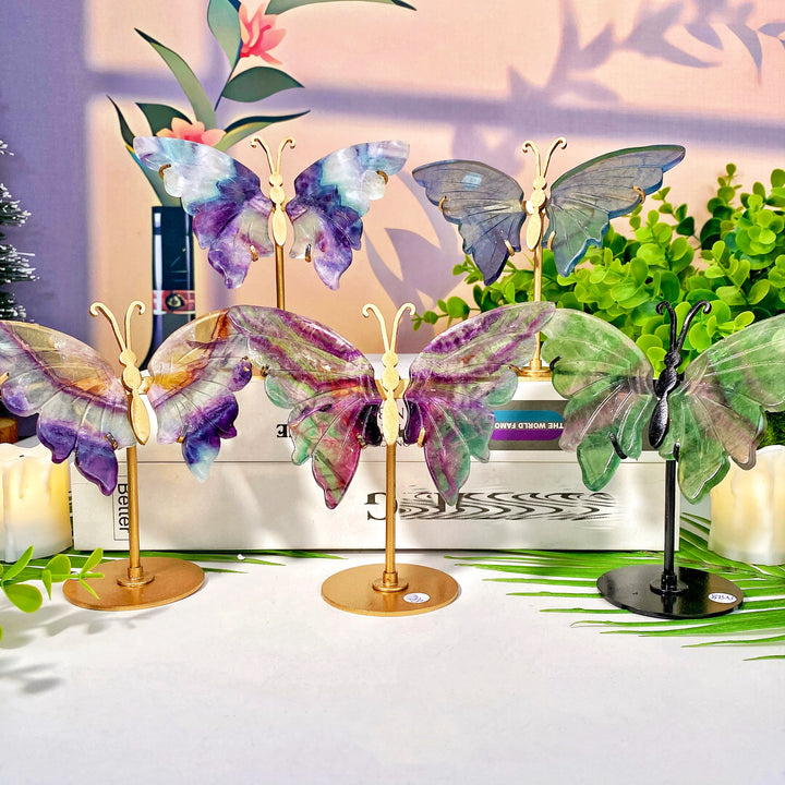 Colorful crystal butterfly wings with stands, a high-quality healing crystal decoration set for women.
