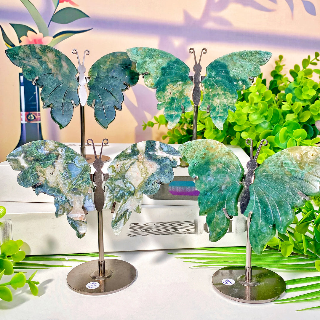 High-quality crystal butterfly wings with stands, featuring unique green and white patterns for decoration and healing.