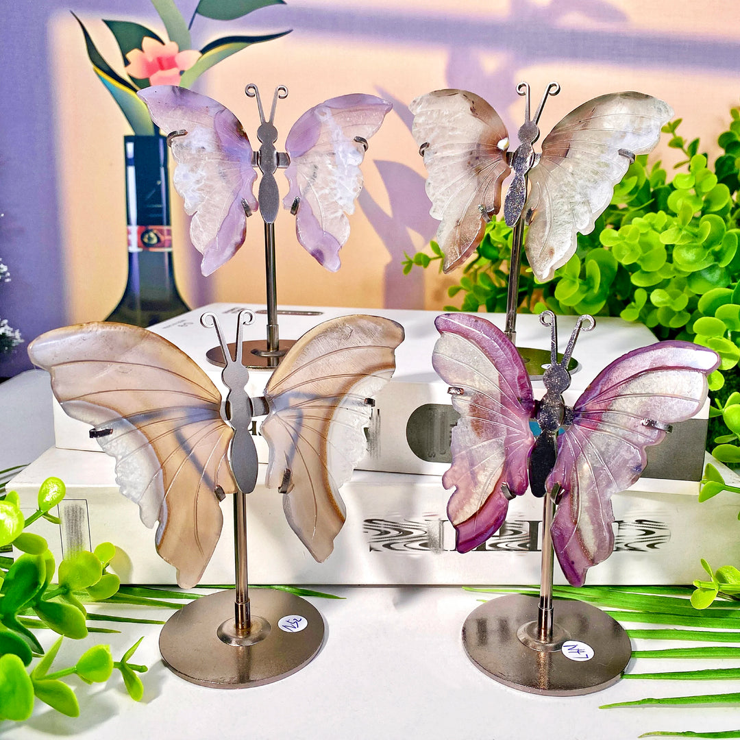 High-quality crystal butterfly wings with stands, featuring natural healing crystals in vibrant colors.