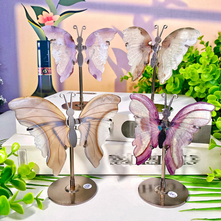 High-quality crystal butterfly wings with stands, featuring natural healing crystals in vibrant colors.