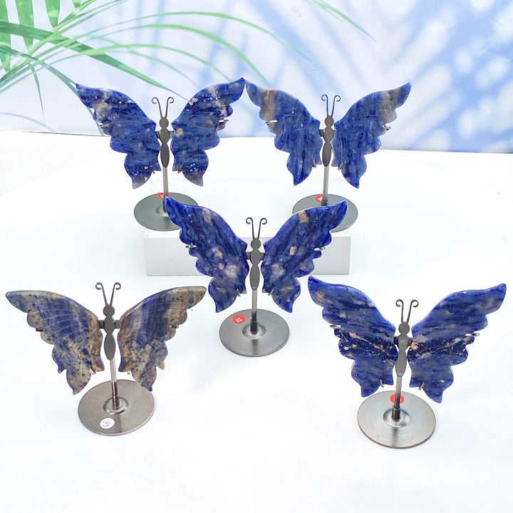 High-quality crystal butterfly wings with stands, featuring natural blue sodalite for healing and decoration.