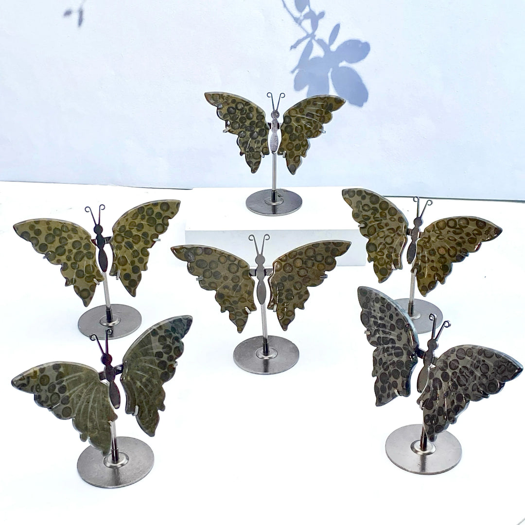 Multimaterial crystal butterfly wings with stands, a unique healing crystal decoration set and women's gift.