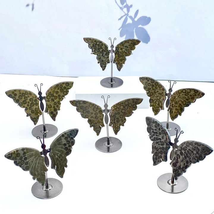 Multimaterial crystal butterfly wings with stands, a unique healing crystal decoration set and women's gift.