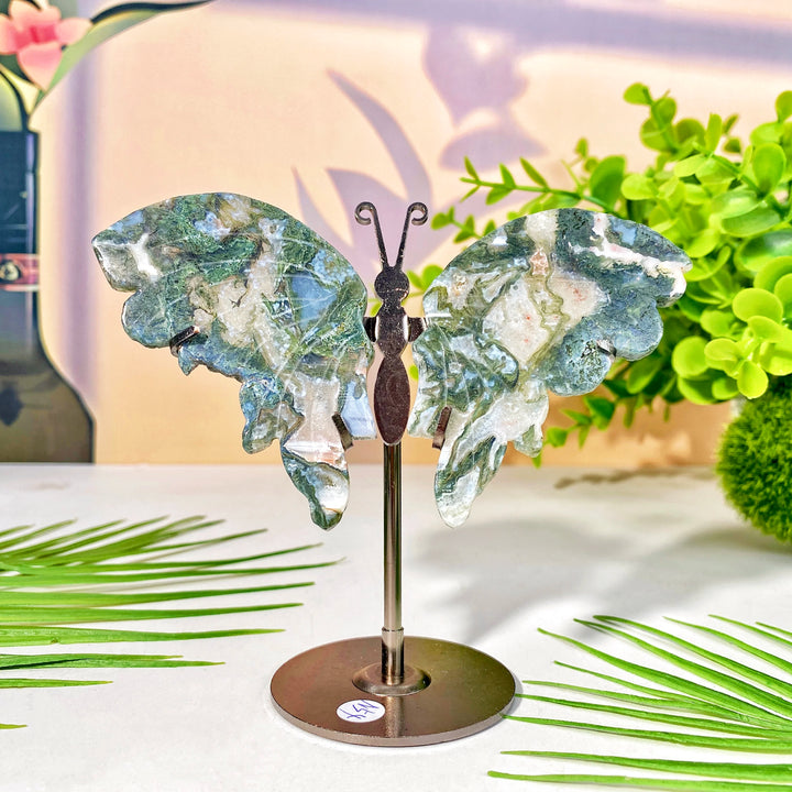 Multimaterial crystal butterfly wing with stand, featuring green and white healing crystal. Perfect women's gift.