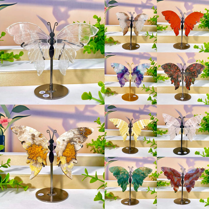 Multimaterial crystal butterfly wings with stands, featuring clear, colorful, and natural healing crystals.