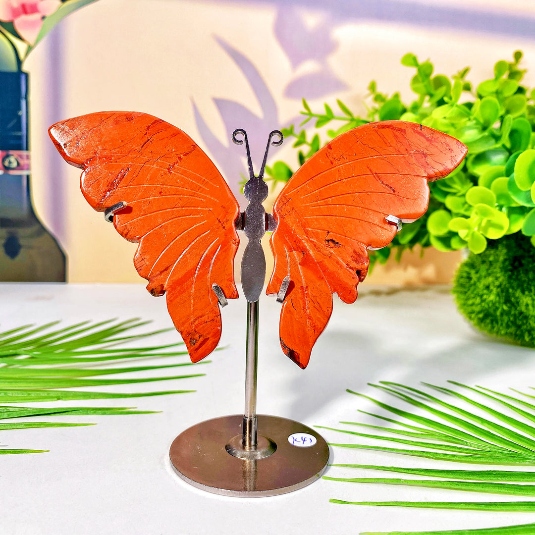 High-quality crystal butterfly wing with stand, a vibrant red healing crystal decoration and women's gift.