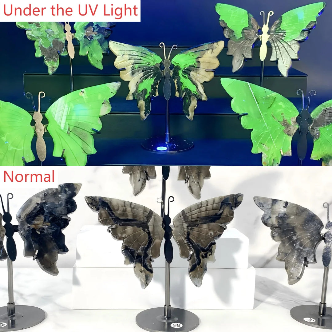Healing crystal butterfly wings with stand, glowing green under UV light and natural gray, a unique women's gift.