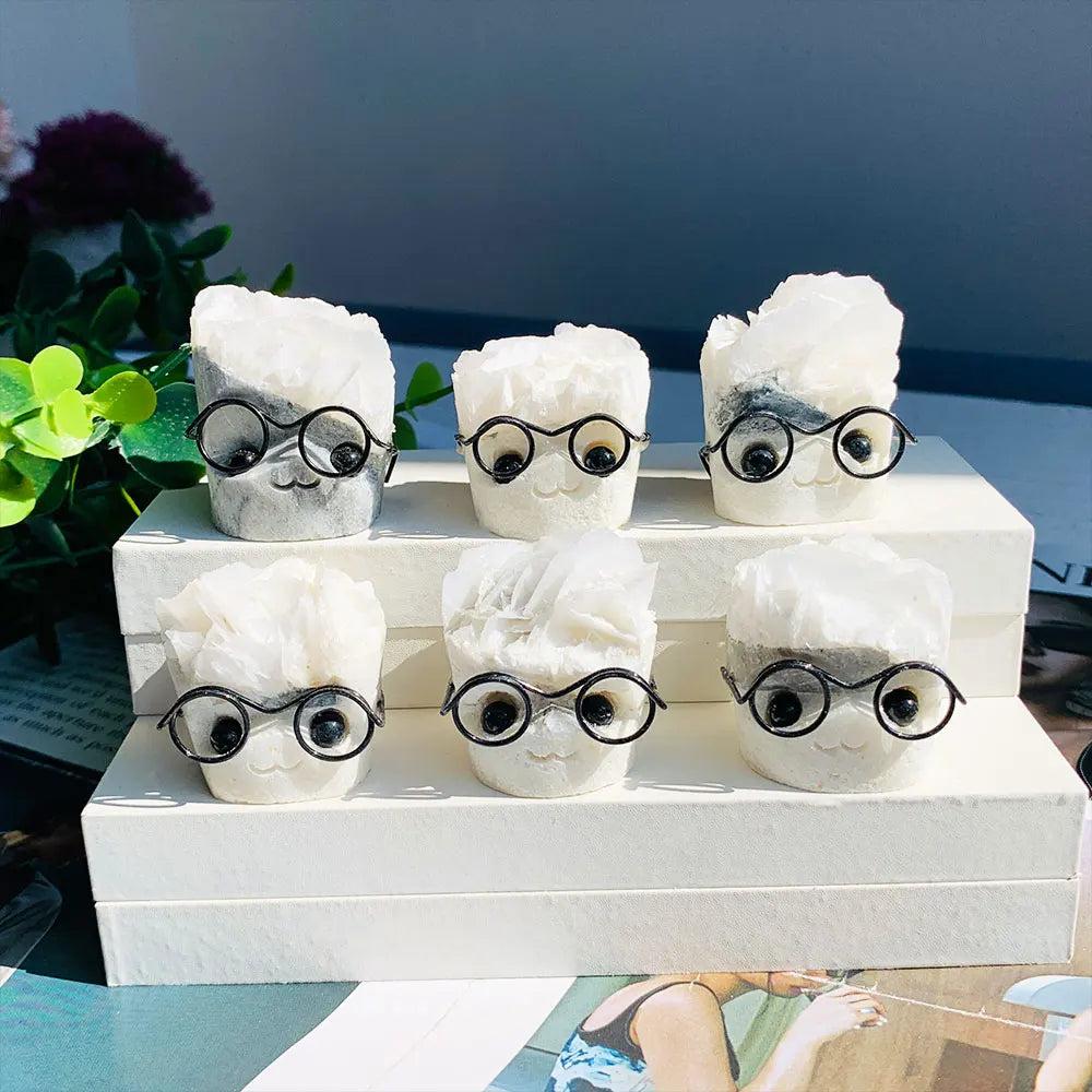Natural crystal amethyst cluster hedgehog ornament with mica, featuring cute glasses and a charming, whimsical design.