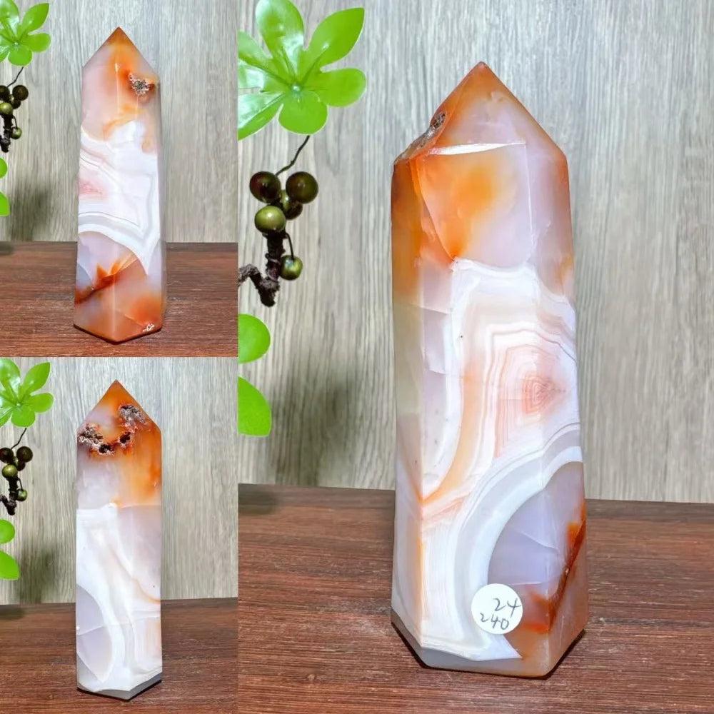 Natural red carnelian agate geode tower with white bands, pointed top, for healing and home decor.