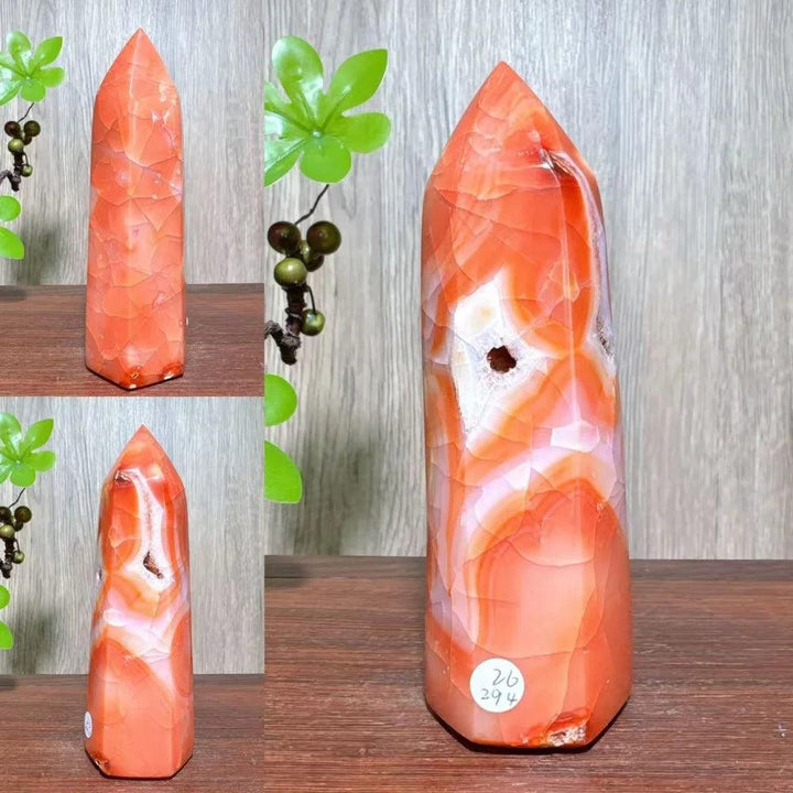 Natural red carnelian agate geode tower with white banding, perfect for healing and home decor.
