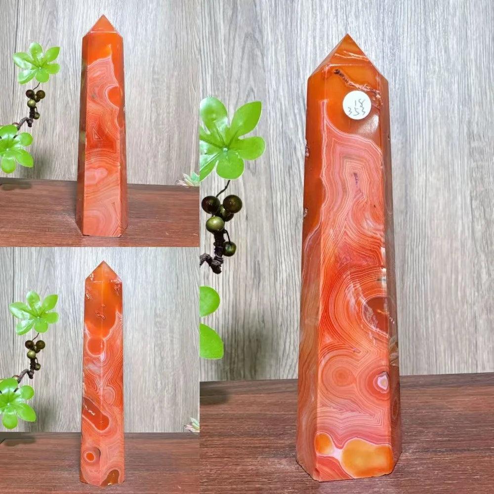 Natural red carnelian agate geode tower crystal, polished and faceted, for healing and home decor.