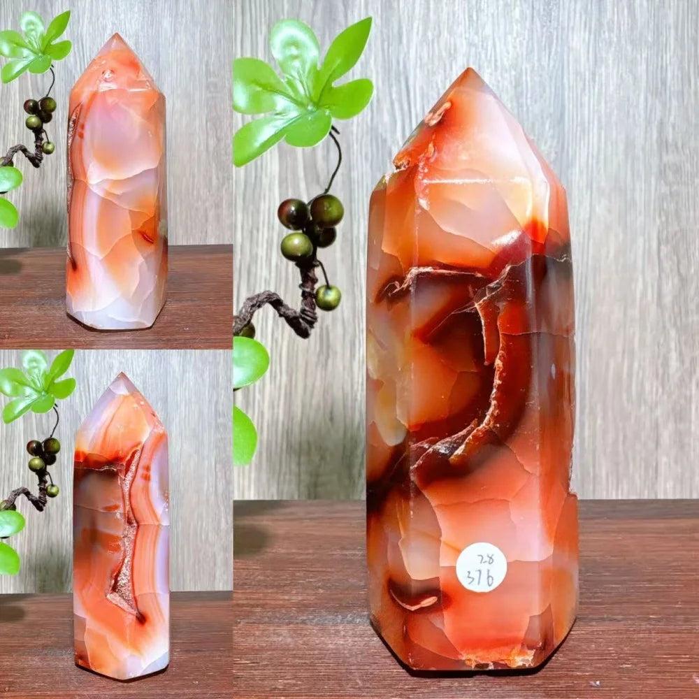 Natural red carnelian agate raw geode tower, polished healing crystal with vibrant orange and white bands.