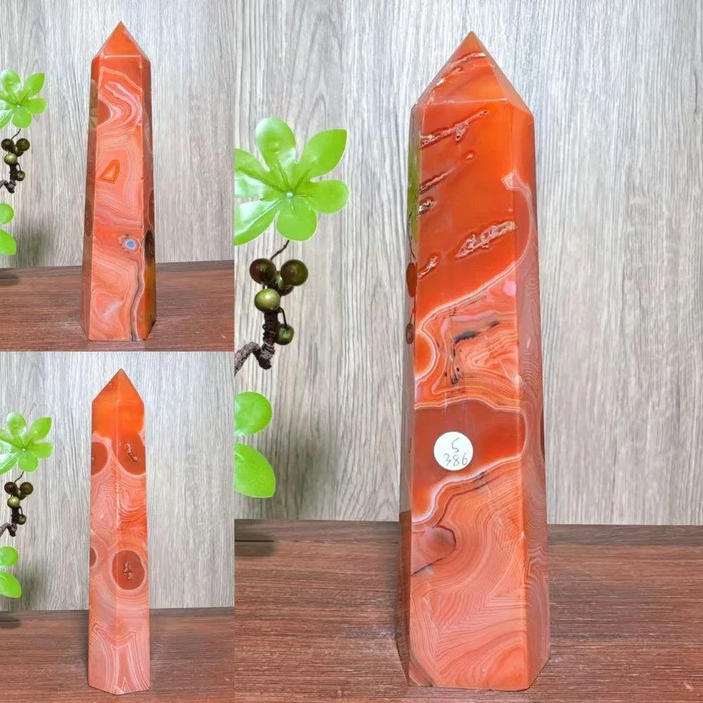 Natural red carnelian agate geode tower crystal, polished for healing and home decor.