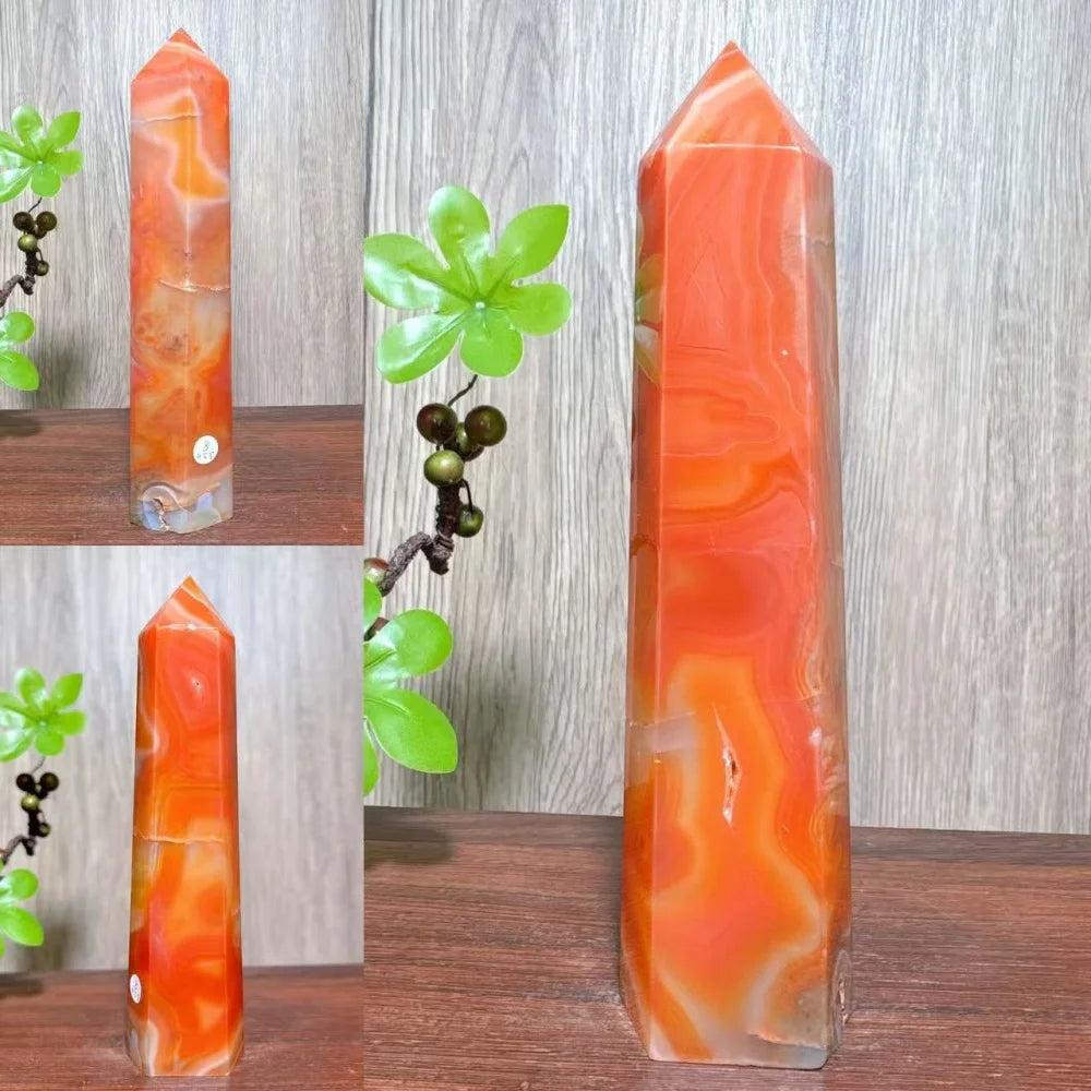 Natural red carnelian agate geode tower, a unique healing crystal for home decor and Reiki energy.