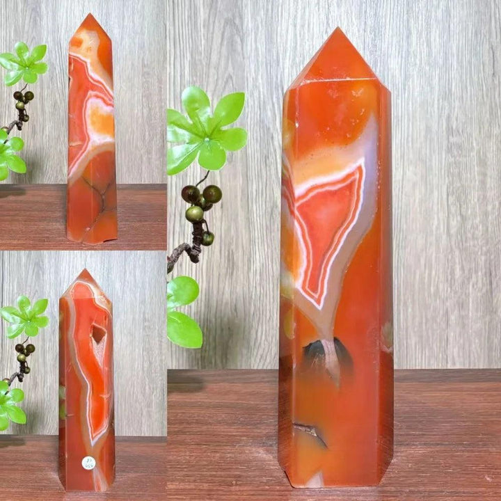 Natural red carnelian agate raw geode tower, a unique healing crystal for energy and home decor.