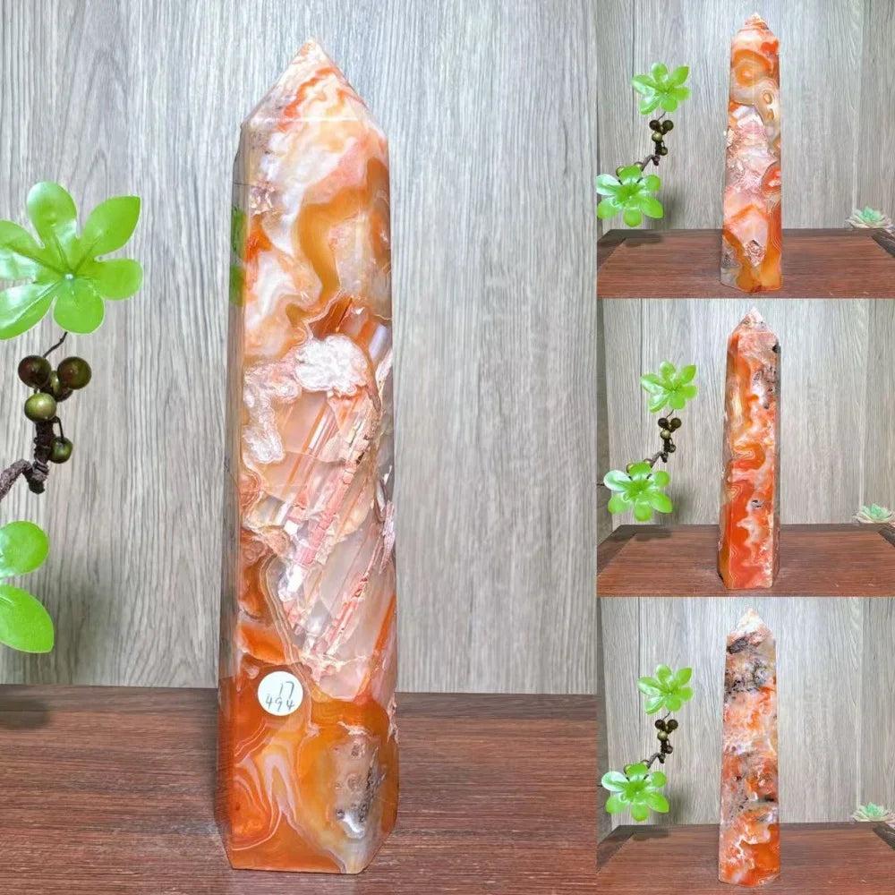 Natural red carnelian agate geode tower, a unique healing crystal reiki energy stone for home decor.