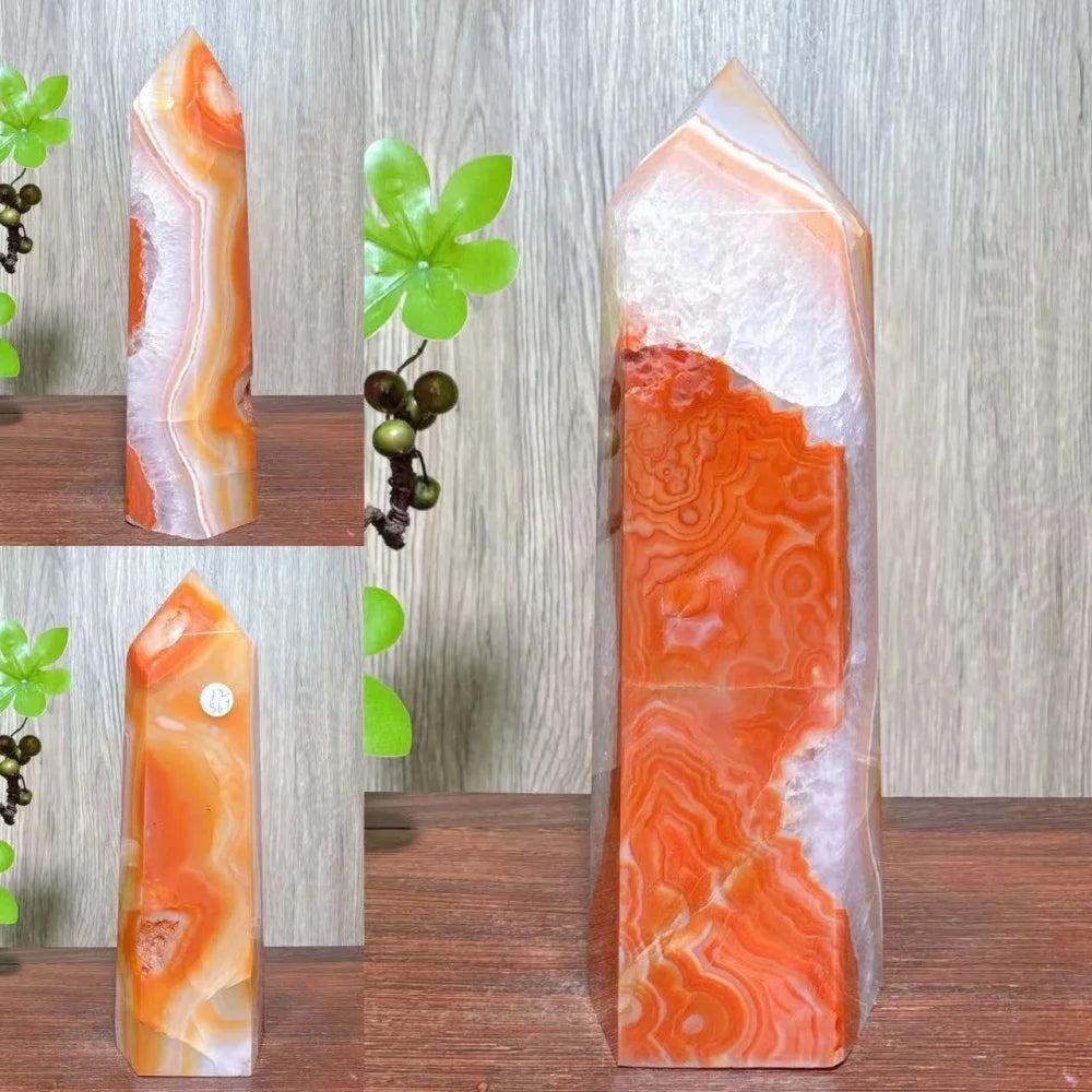 Natural red carnelian agate geode tower, a unique healing crystal for home decor and Reiki energy.