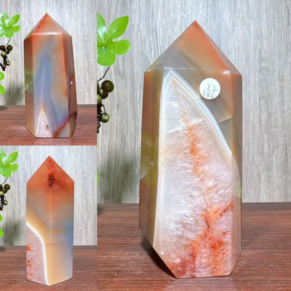 Natural red carnelian agate geode tower, a unique healing crystal for home decor and reiki energy.