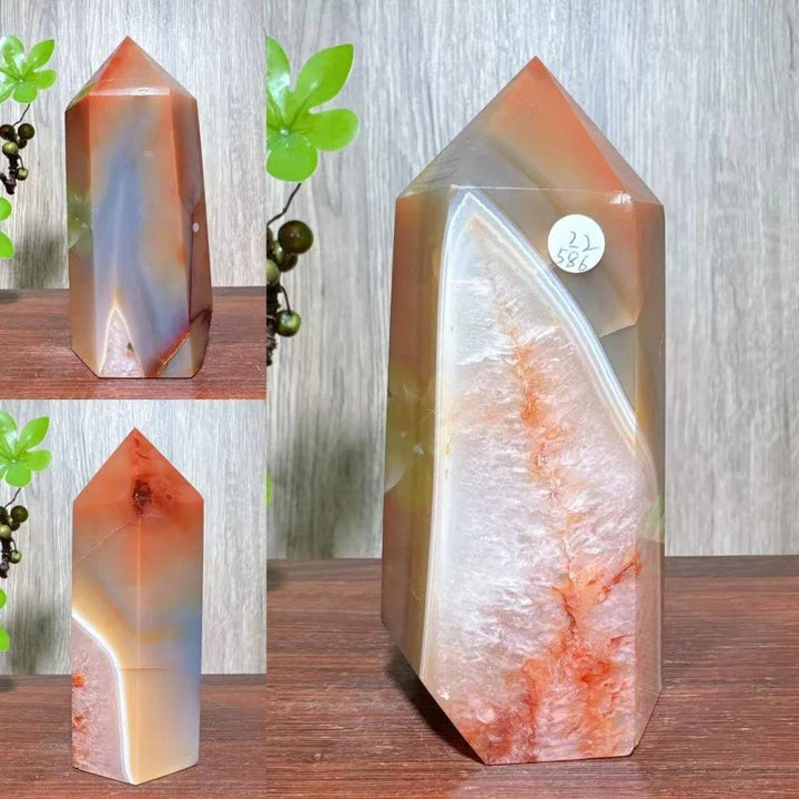 Natural red carnelian agate geode tower, a unique healing crystal for home decor and reiki energy.