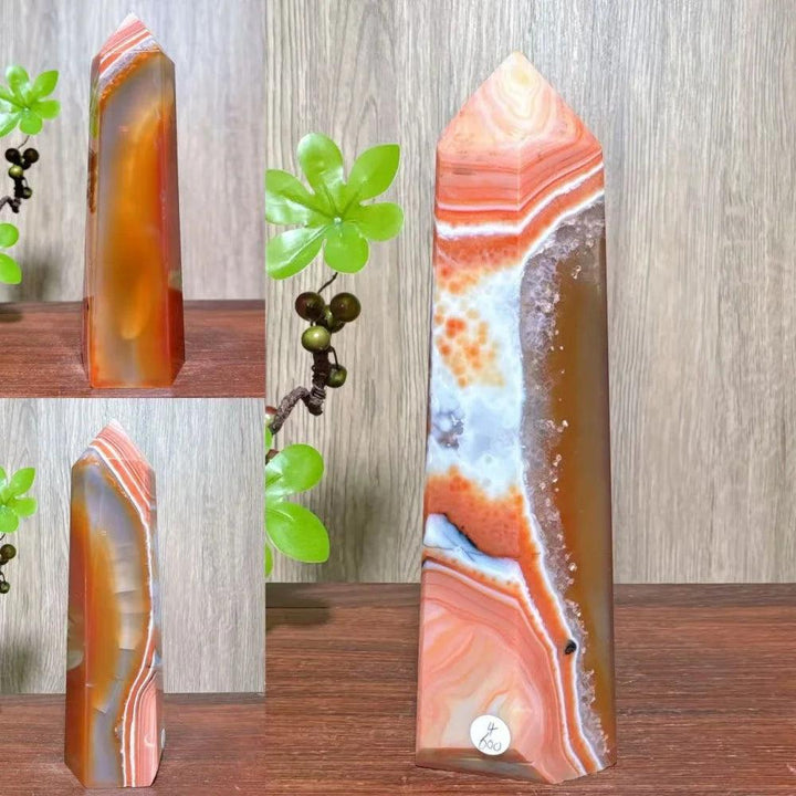 Natural red carnelian agate geode tower with white and orange bands, perfect for healing and home decor.
