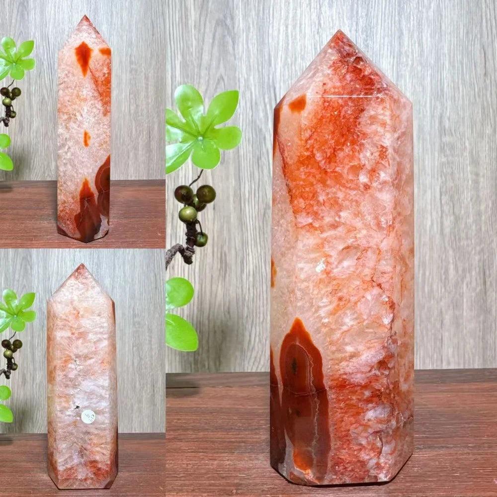 Natural red carnelian agate geode tower, a unique healing crystal for home decor and reiki energy.