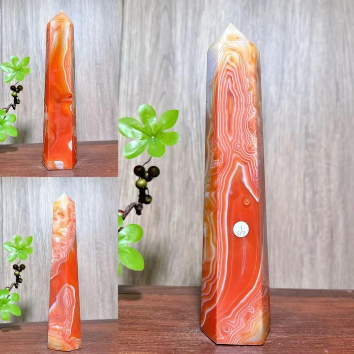 Natural red carnelian agate geode tower, a unique healing crystal reiki energy stone for home decor.