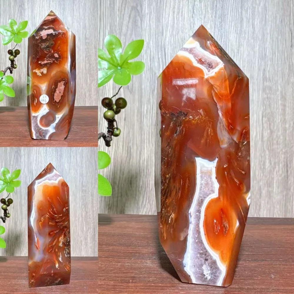 Natural red carnelian agate raw geode tower, polished crystal for healing and home decor.