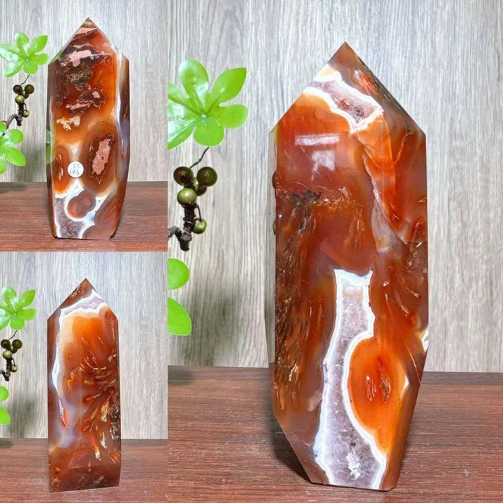 Natural red carnelian agate raw geode tower, polished crystal for healing and home decor.