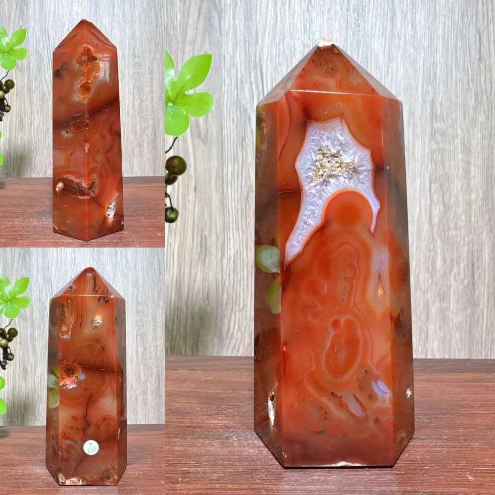 Natural red carnelian agate geode tower crystal, polished hexagonal point for healing and home decor.