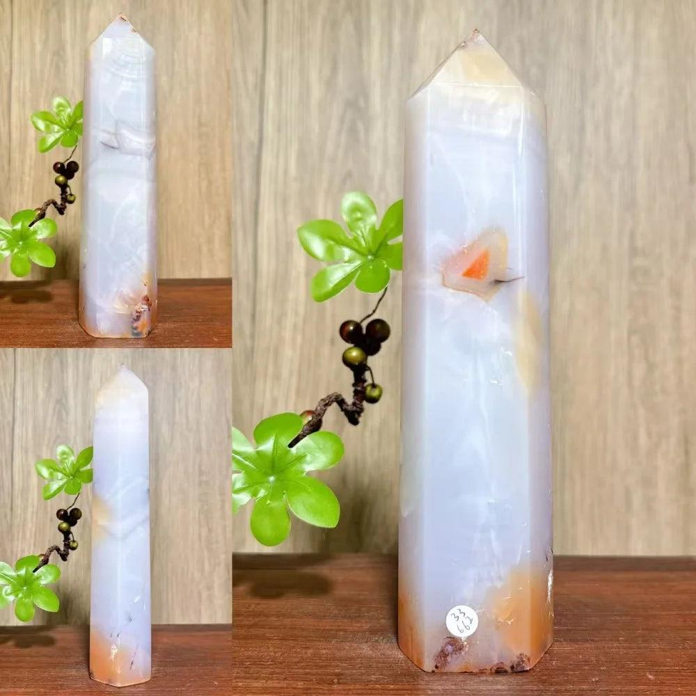 Natural red carnelian agate raw geode tower, white with orange hues, for healing and home decor.
