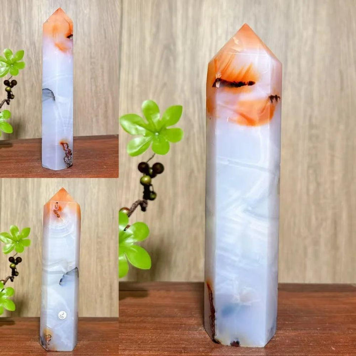 Natural red carnelian agate geode tower, a unique healing crystal with white and orange hues.