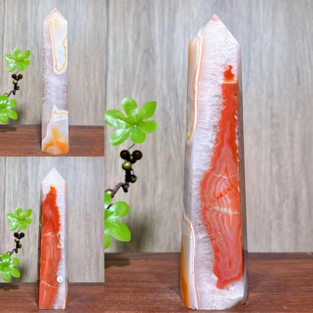 Natural red carnelian agate geode tower, a unique healing crystal for home decor and reiki energy.