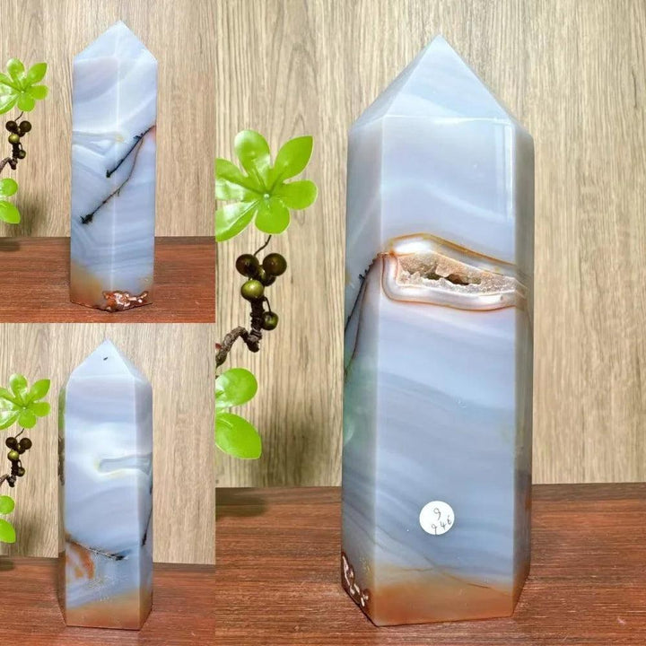 Natural blue agate geode tower with polished facets, raw carnelian base, and healing crystal energy.