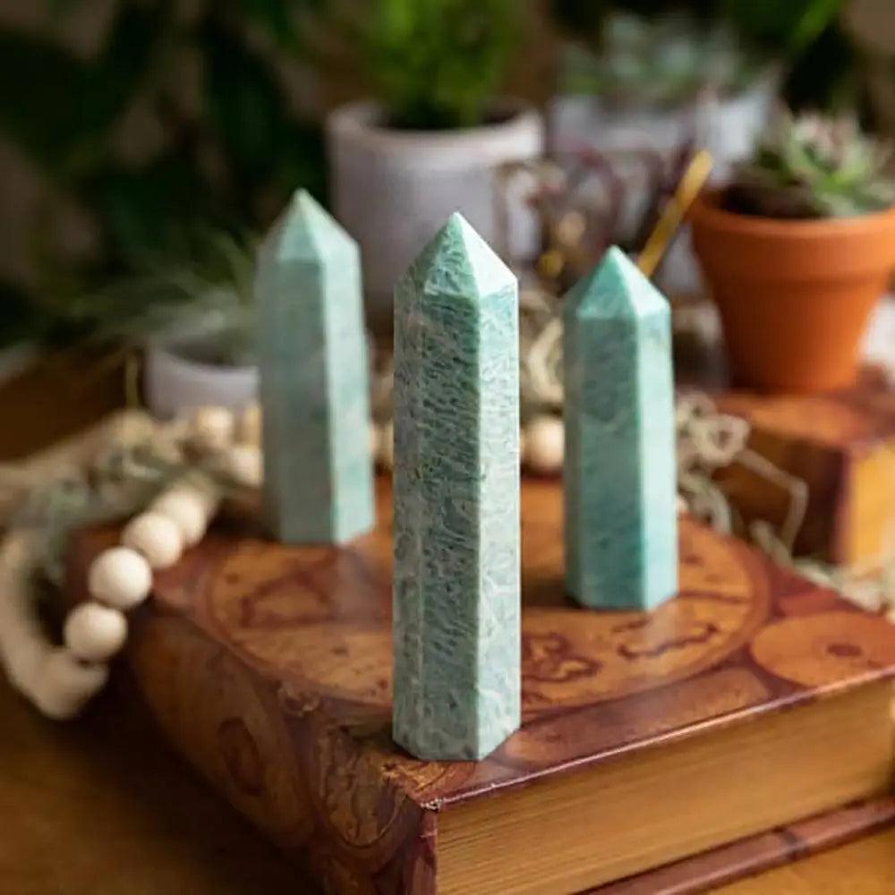 Polished light green Amazonite crystal towers for soothing energy and aesthetic home decor.