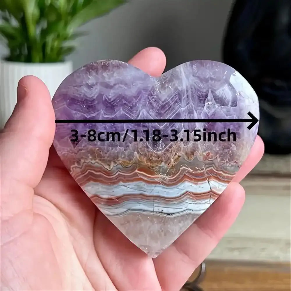 Polished amethyst agate heart sculpture with purple and banded patterns, perfect for romantic decor and healing energy.