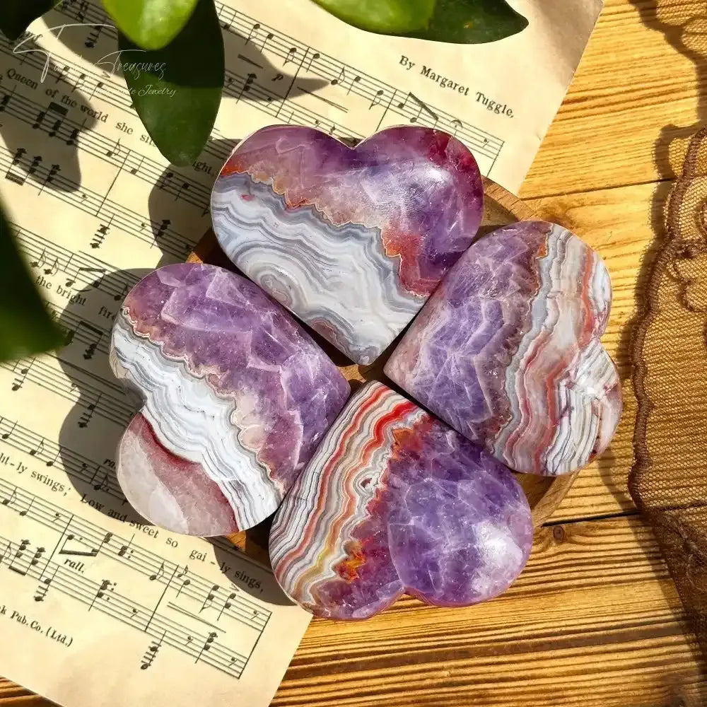 Polished Amethyst Agate heart sculpture with vibrant purple banding, perfect for romantic decor and healing energy.