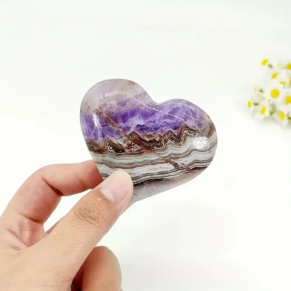 Polished amethyst agate heart sculpture with purple banding, perfect for romantic anniversary decor and healing energy.