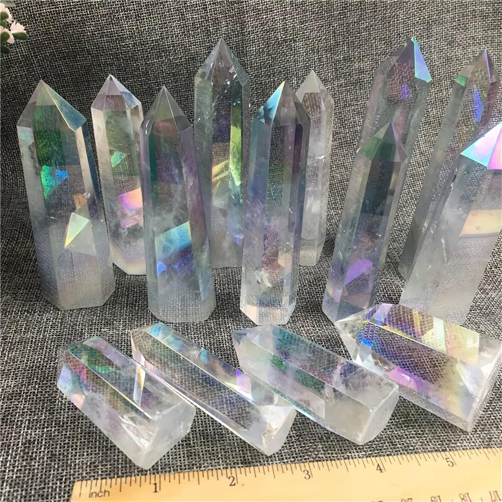 Iridescent electroplated clear quartz crystal towers with healing aura energy.